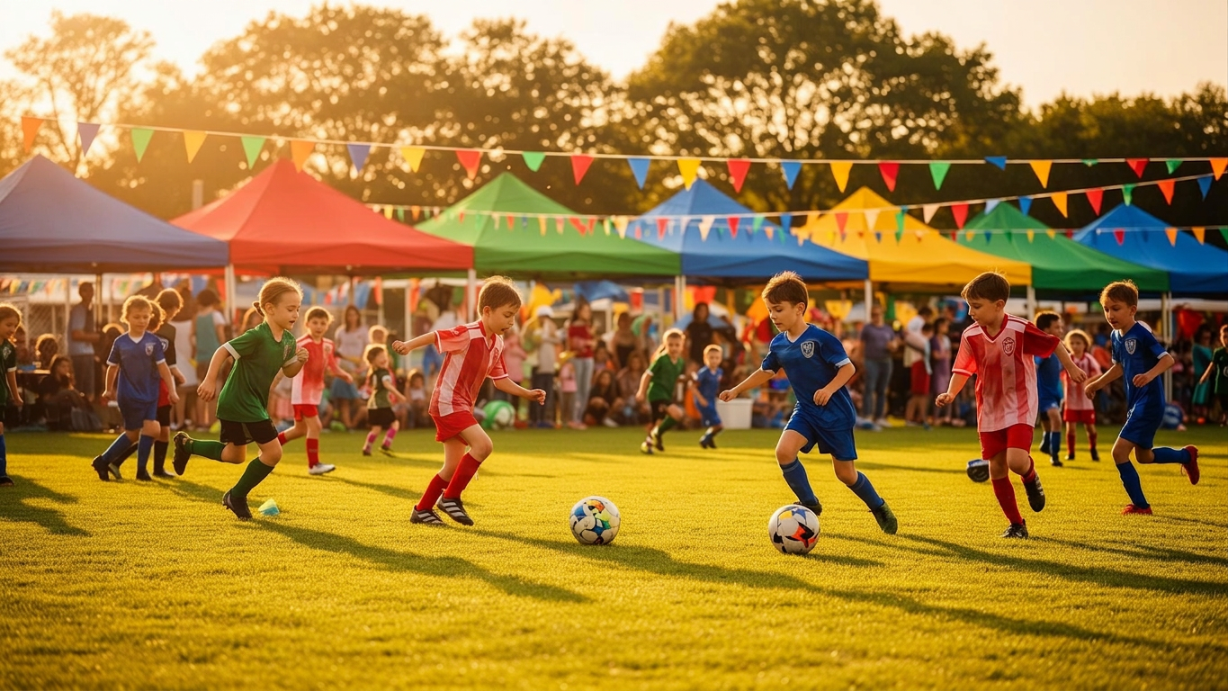 Children playing football at SUDFEST under colourful bunting